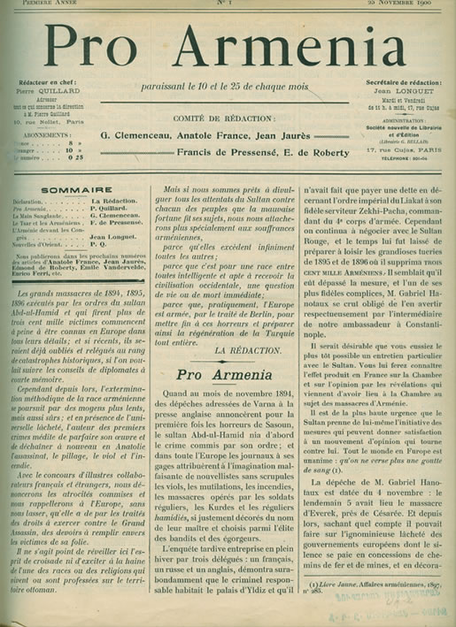 Pro Armenia, France, n° 1, 25 novembre 1900.